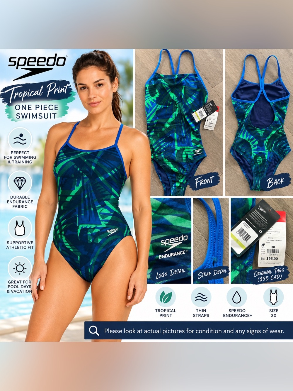 Speedo NWT Tropical Print One Piece Swimsuit Blue Green Size 30